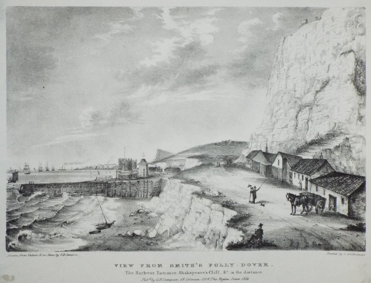 Lithograph - View from Smith's Folly, Dover. The Harbour Entrance, Shakespeare's Cliff, &c in the distance. - Campion